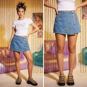 Vtg 90s No Excuses Denim Mini Skirt Butterfly Embroidery Buttons Skort Sz 11/12